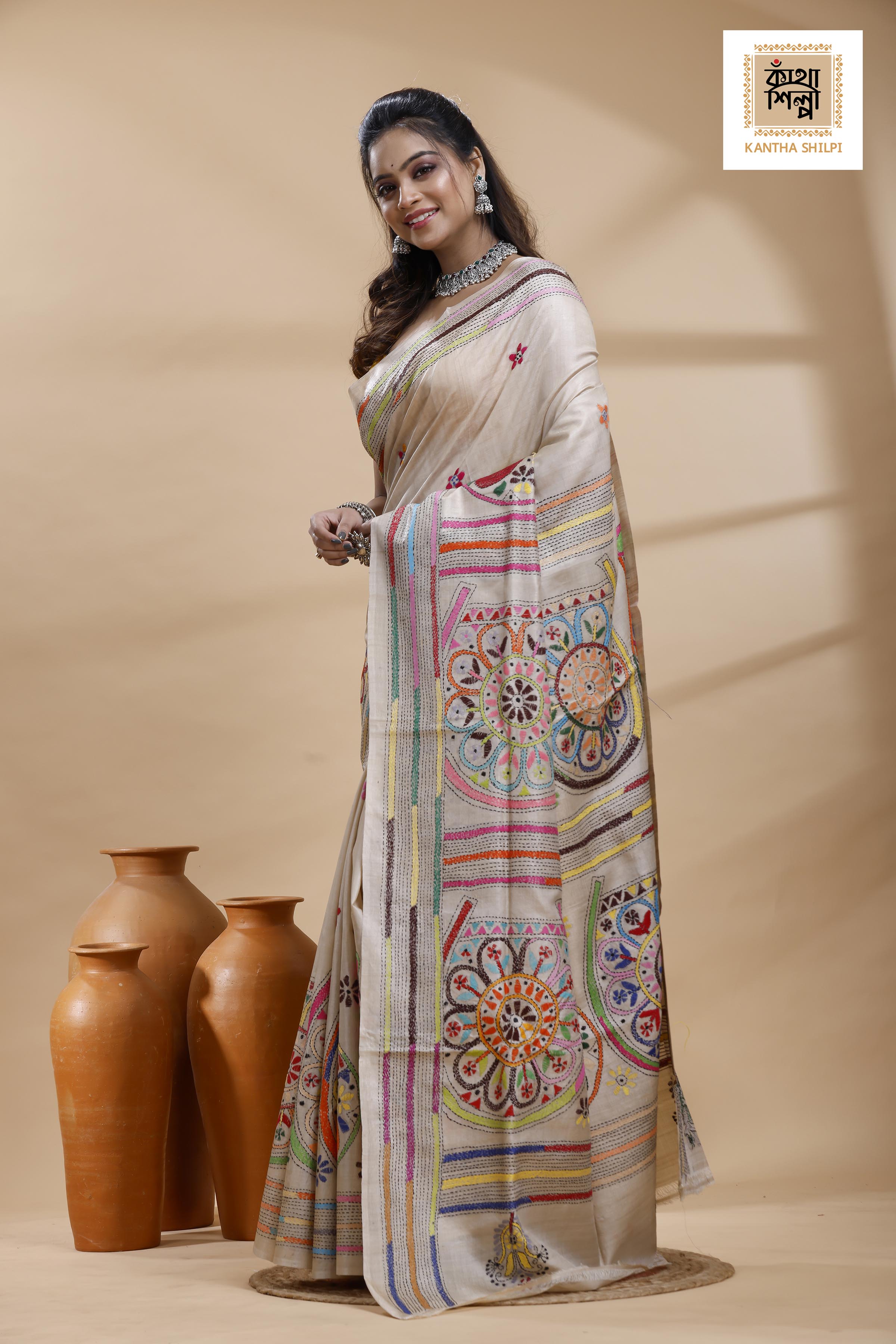 Pure Gachi Tussar Multicolor Thread Work Kantha Stitch Saree
