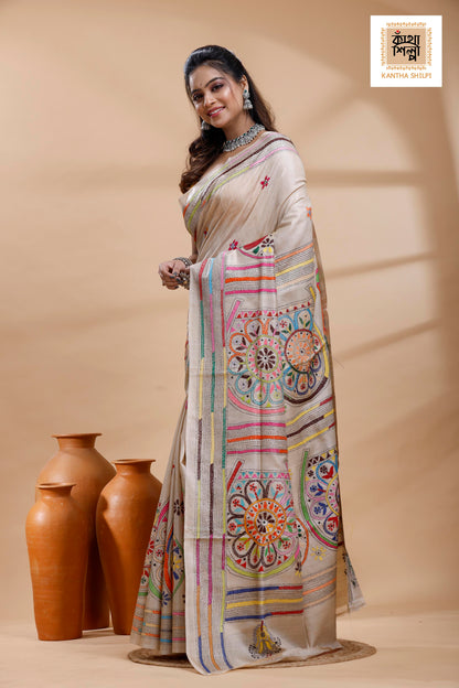Pure Gachi Tussar Multicolor Thread Work Kantha Stitch Saree