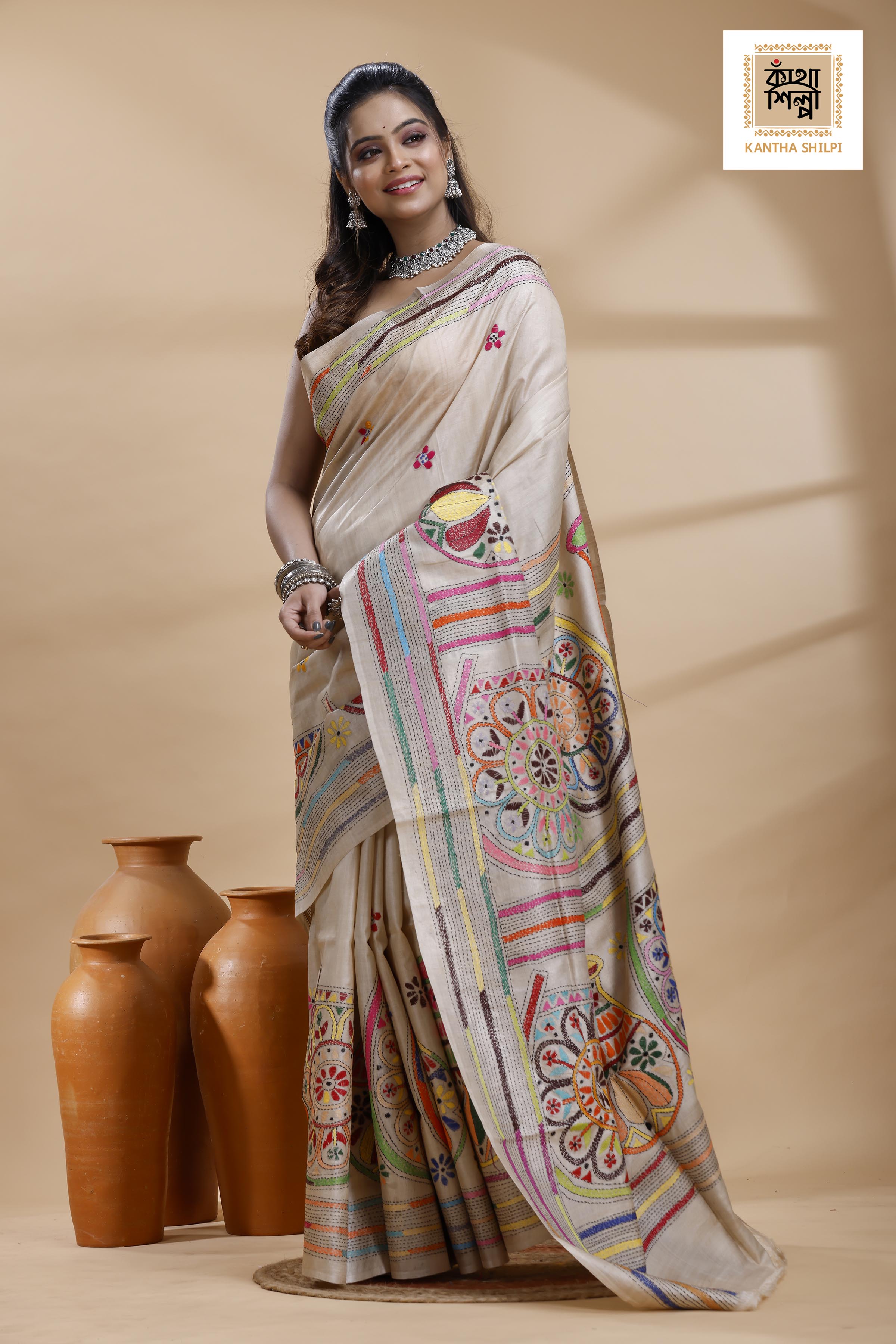 Pure Gachi Tussar Multicolor Thread Work Kantha Stitch Saree