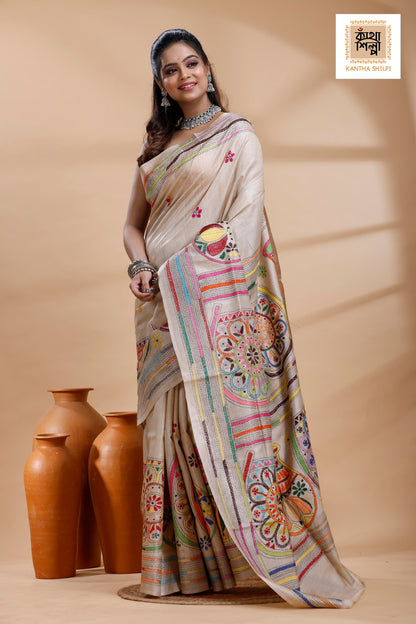 Pure Gachi Tussar Multicolor Thread Work Kantha Stitch Saree