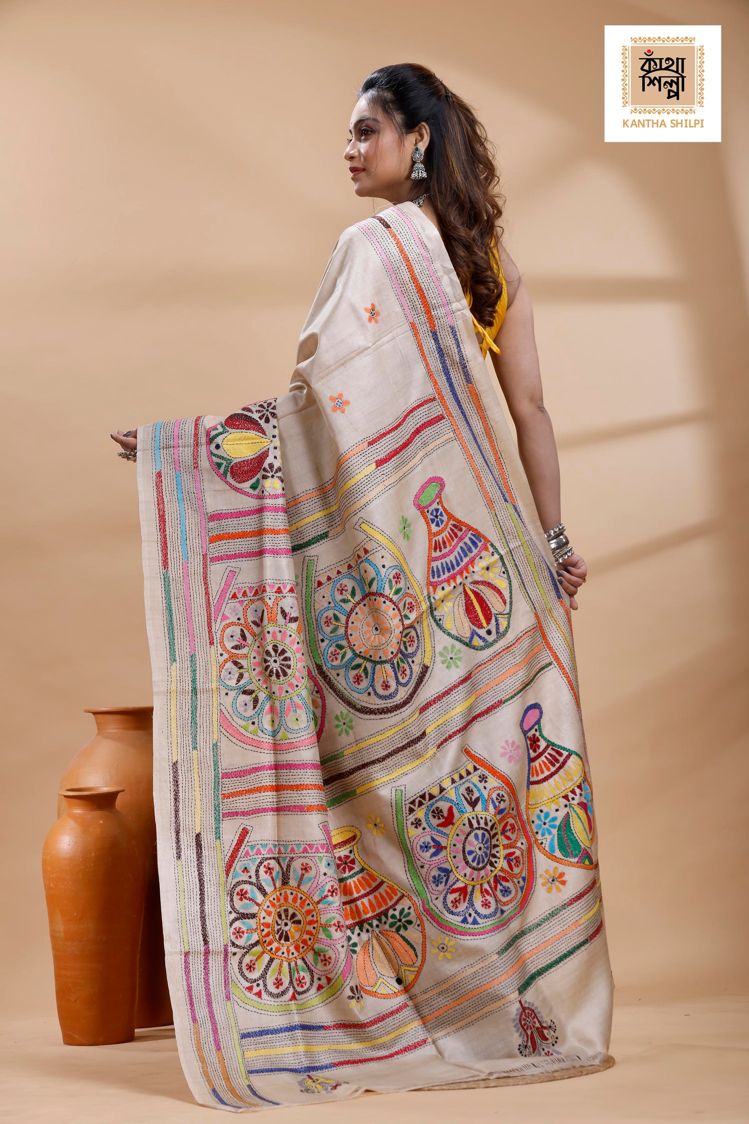 Pure Gachi Tussar Multicolor Thread Work Kantha Stitch Saree