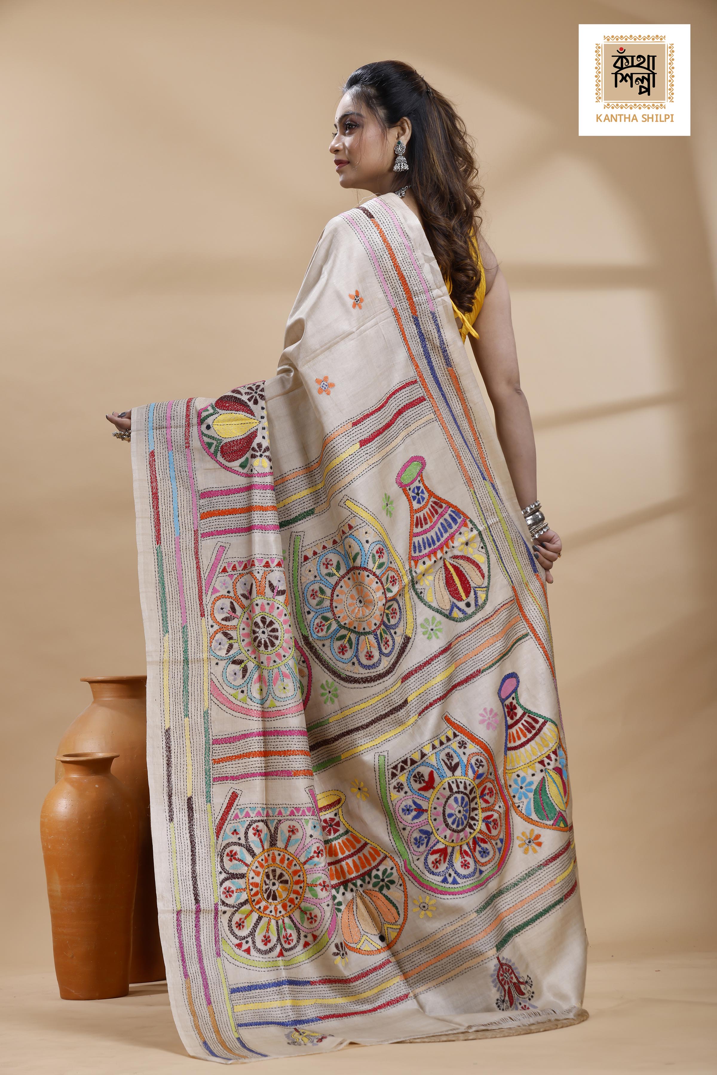 Pure Gachi Tussar Multicolor Thread Work Kantha Stitch Saree