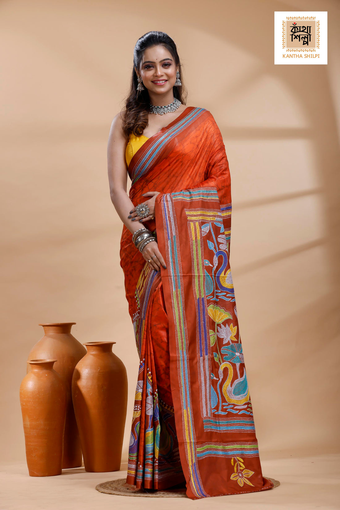 Red Color Bangalore Silk Multicolor Thread Work Batik Kantha Stitch Saree