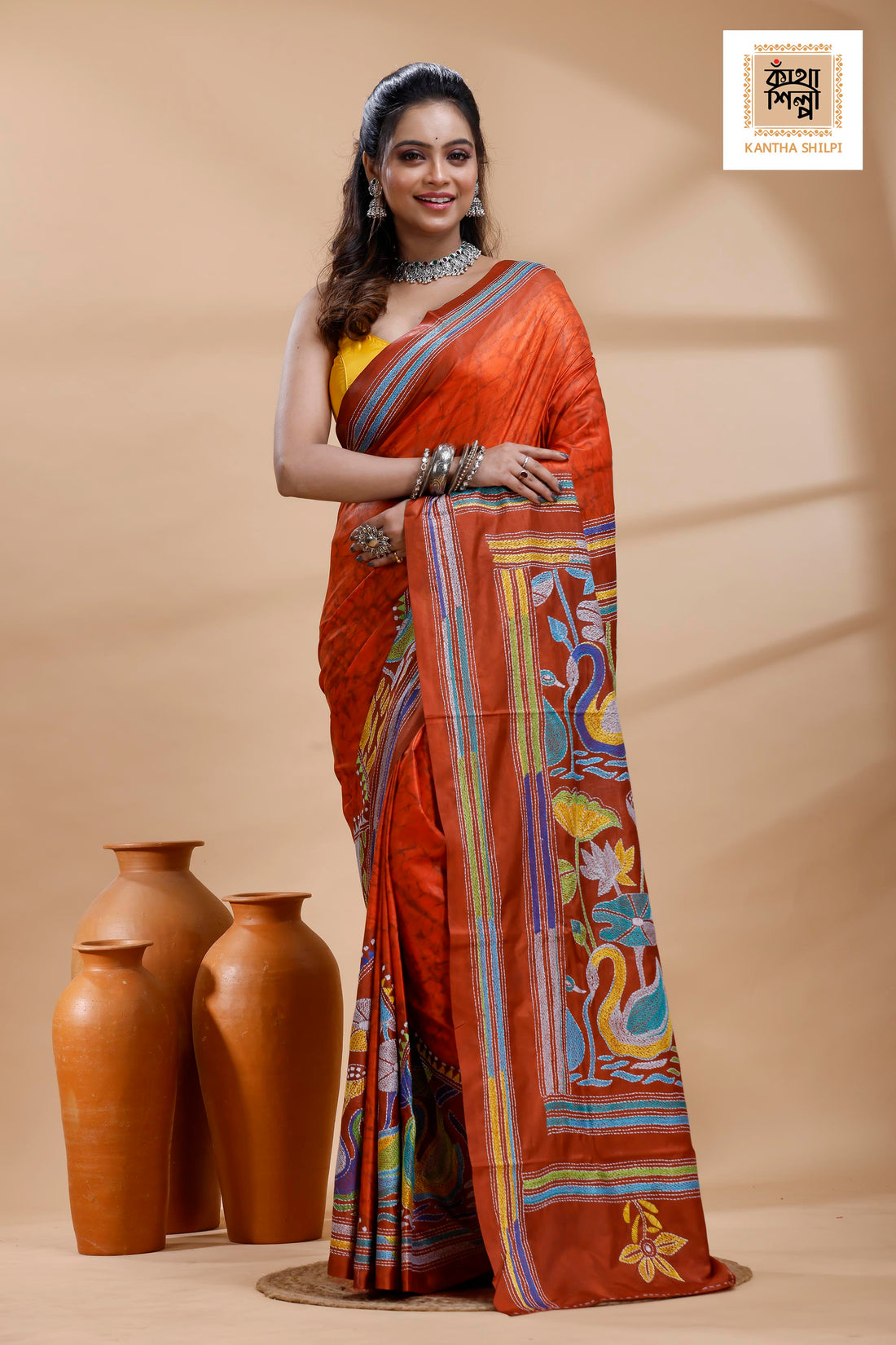 Red Color Bangalore Silk Multicolor Thread Work Batik Kantha Stitch Saree