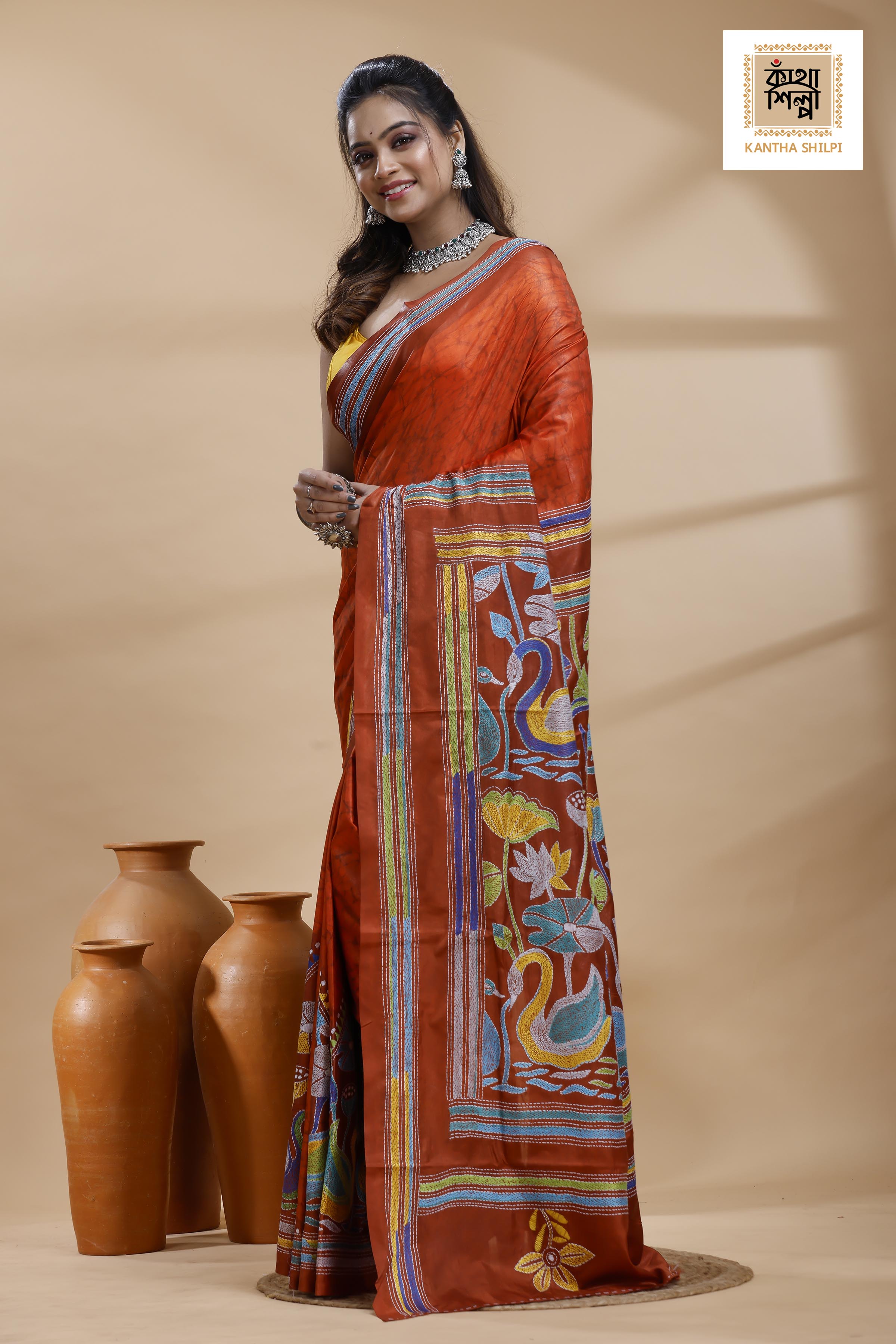 Red Color Bangalore Silk Multicolor Thread Work Batik Kantha Stitch Saree