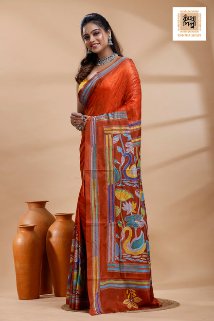 Red Color Bangalore Silk Multicolor Thread Work Batik Kantha Stitch Saree