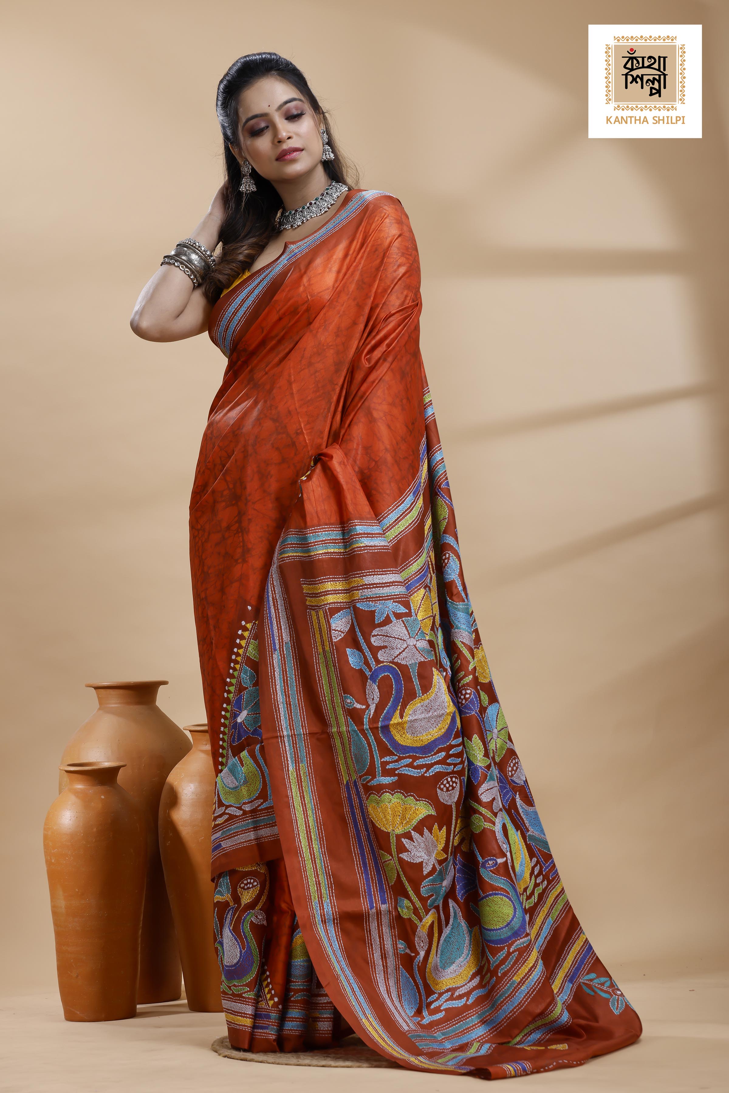 Red Color Bangalore Silk Multicolor Thread Work Batik Kantha Stitch Saree