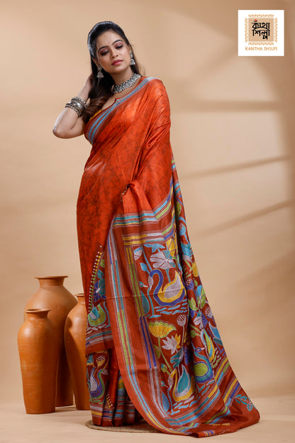 Red Color Bangalore Silk Multicolor Thread Work Batik Kantha Stitch Saree