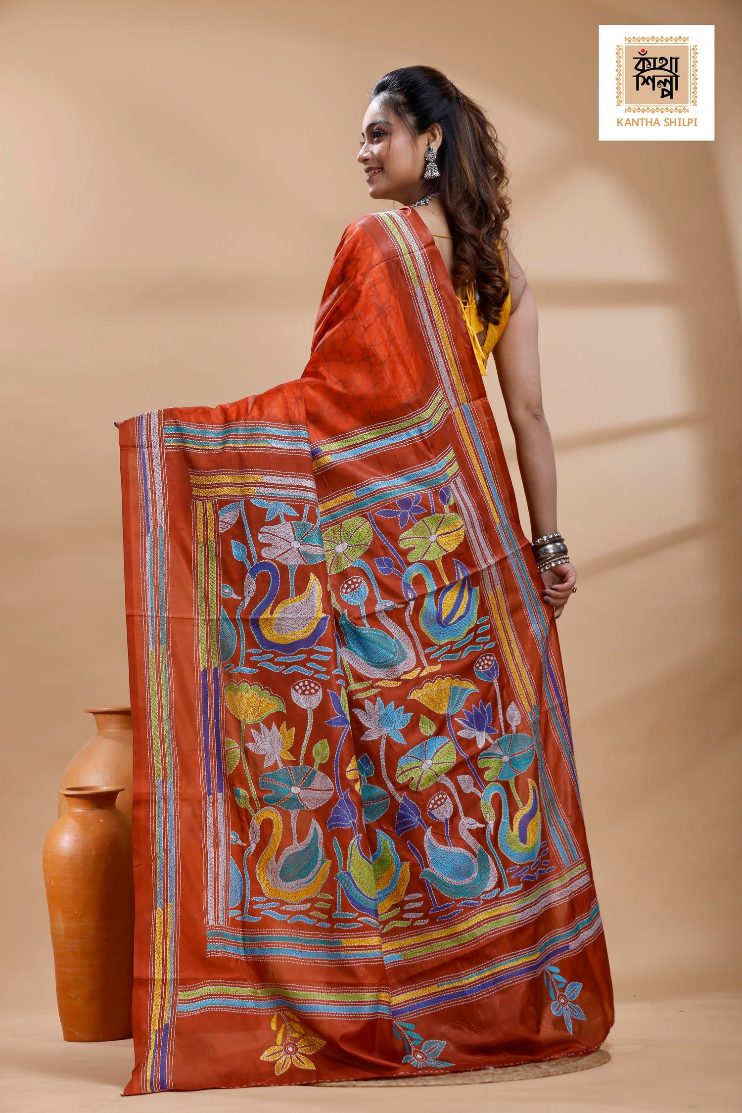 Red Color Bangalore Silk Multicolor Thread Work Batik Kantha Stitch Saree