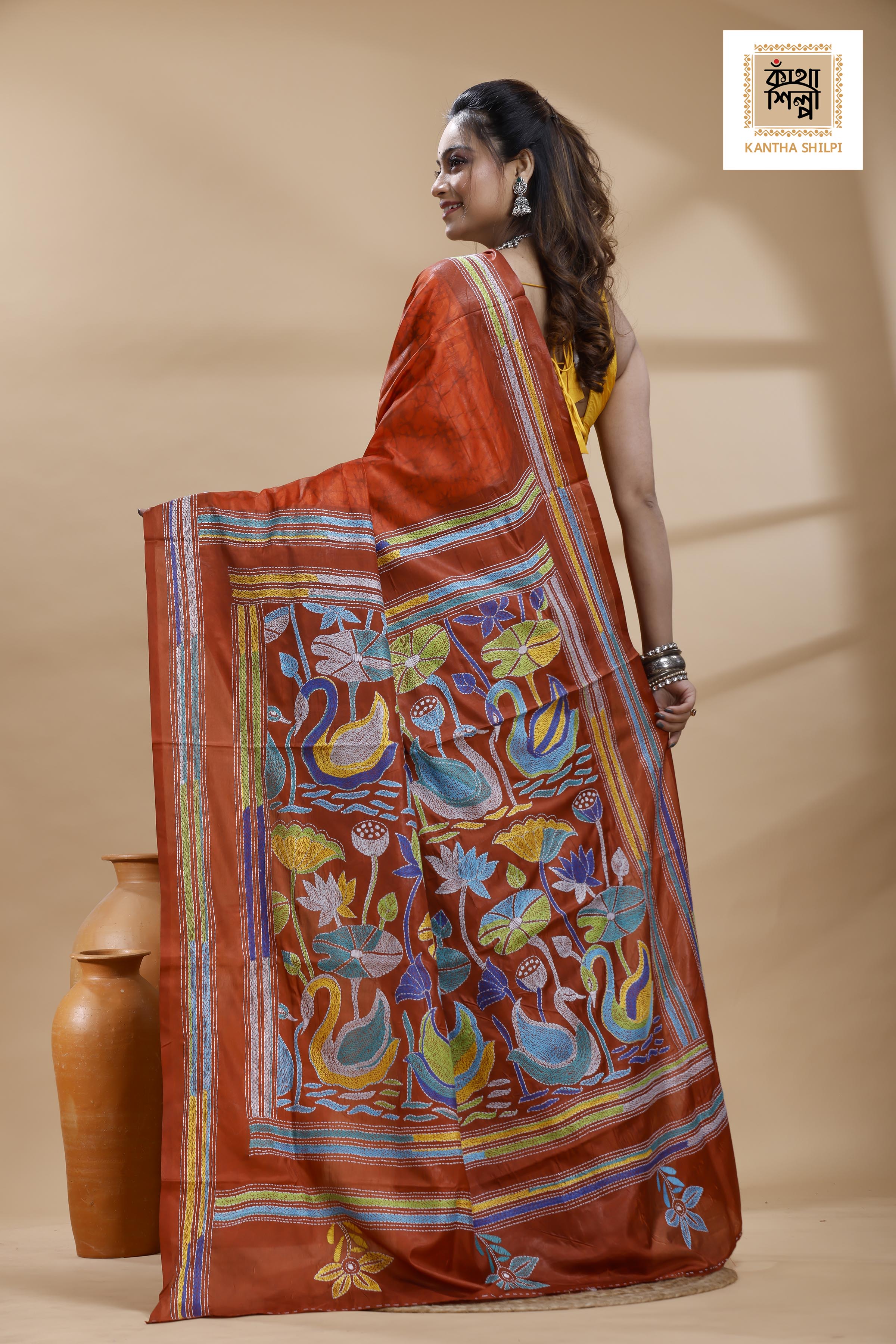 Red Color Bangalore Silk Multicolor Thread Work Batik Kantha Stitch Saree