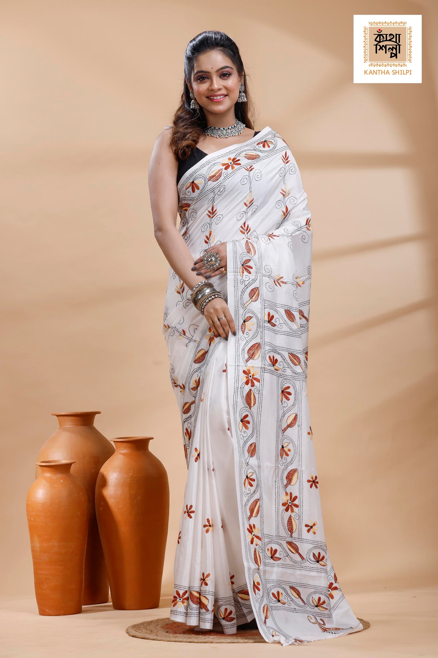 White Color Bangalore Silk Dual Color Thread Work Kantha Stitch Saree