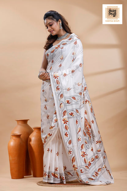 White Color Bangalore Silk Dual Color Thread Work Kantha Stitch Saree