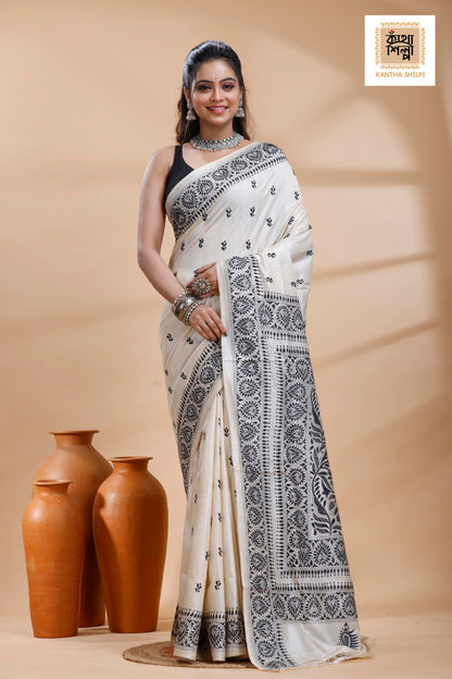 Pure Tussar Black Color Thread Work Traditional Motif Kantha Stitch Saree