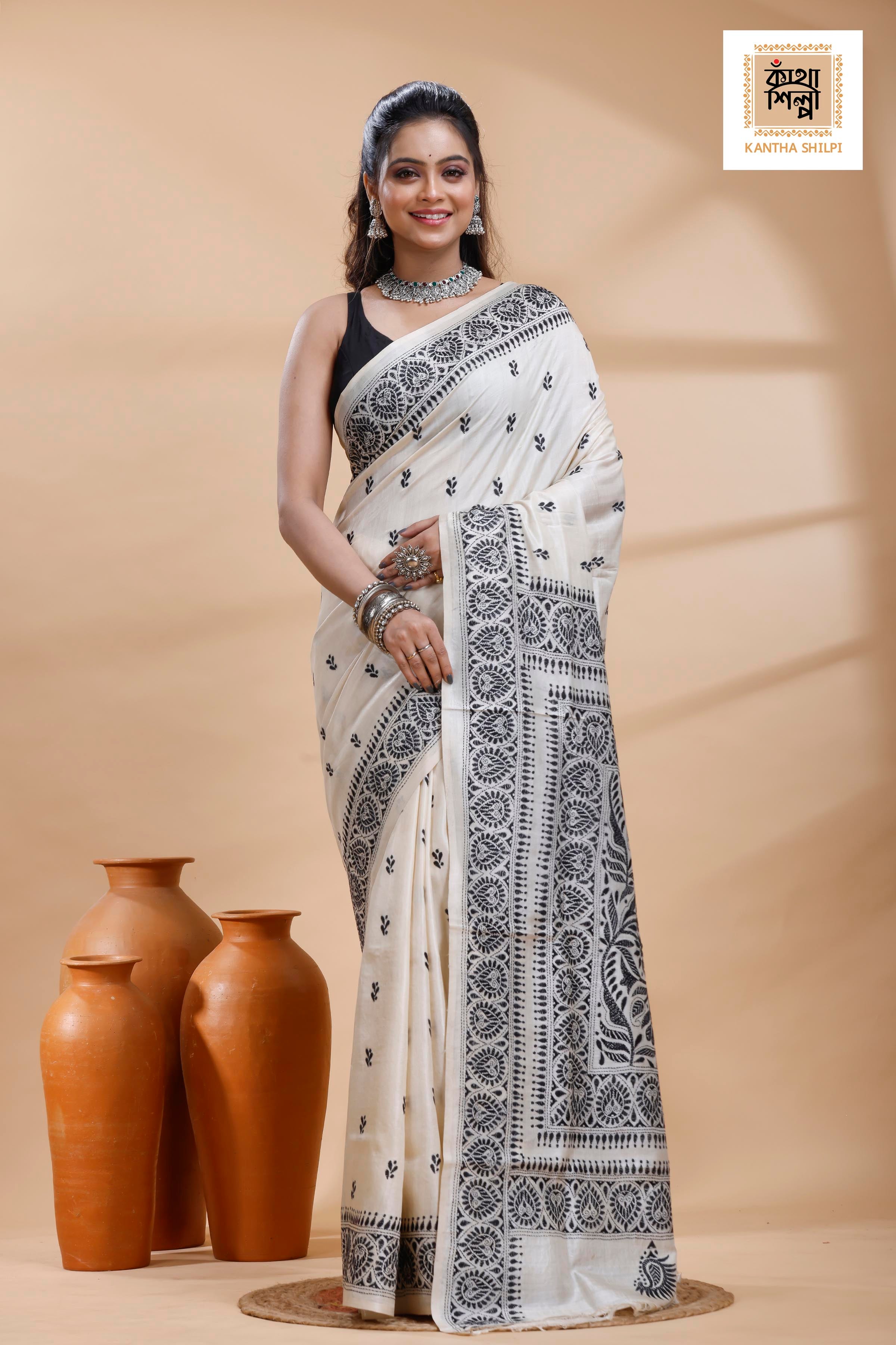Pure Tussar Black Color Thread Work Traditional Motif Kantha Stitch Saree