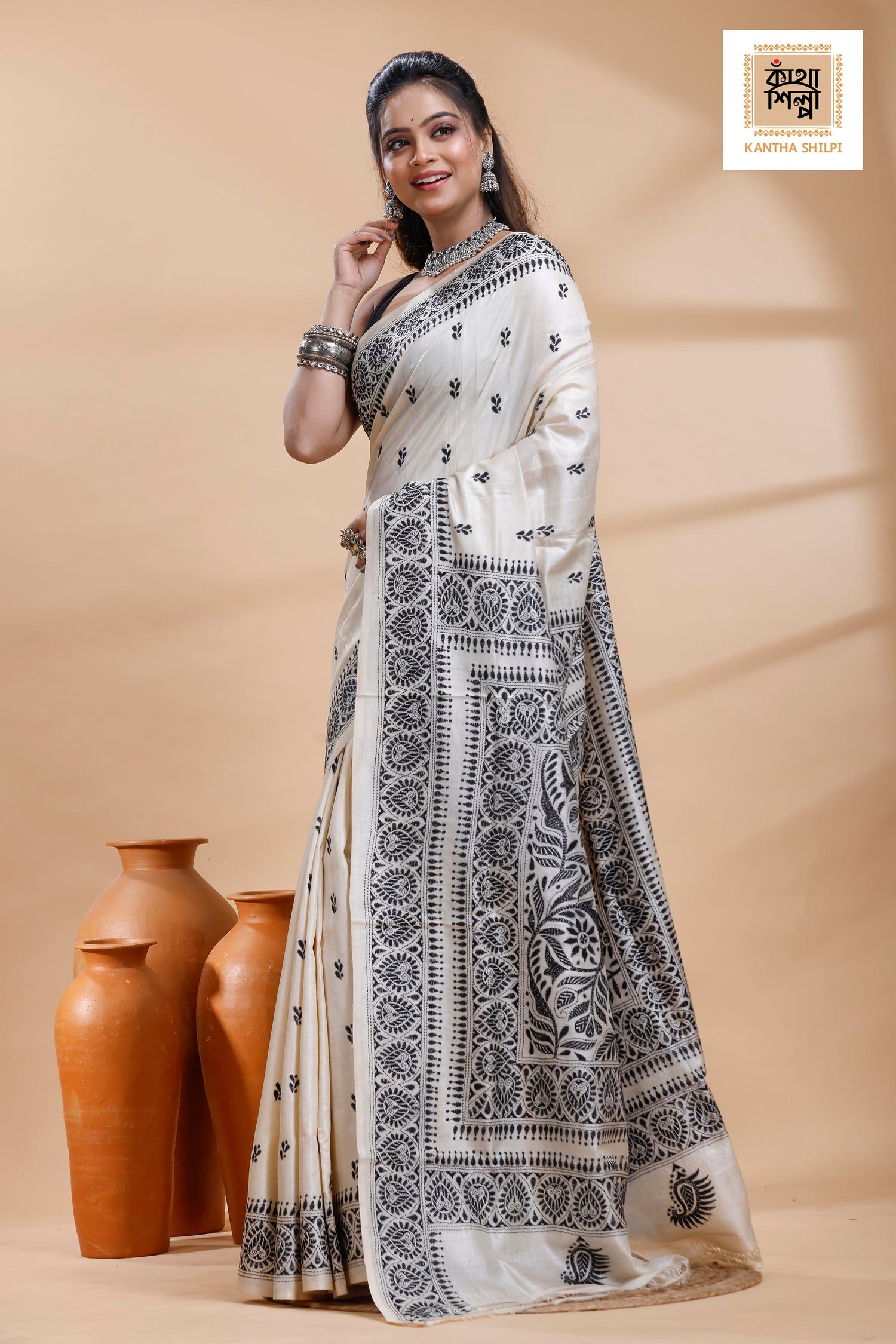 Pure Tussar Black Color Thread Work Traditional Motif Kantha Stitch Saree