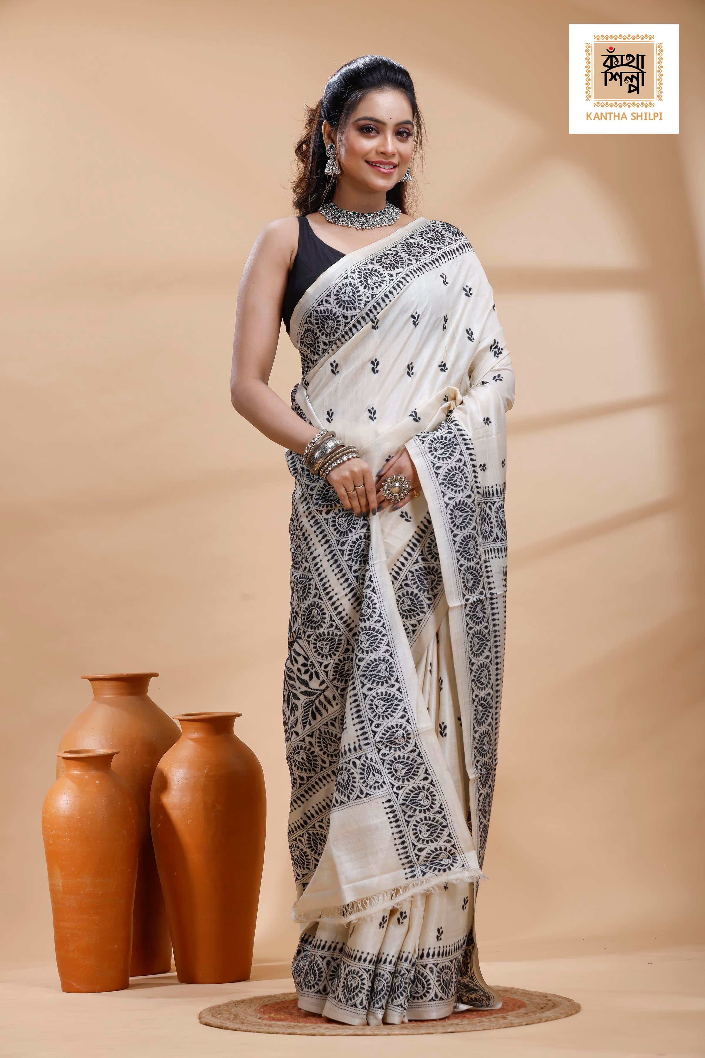 Pure Tussar Black Color Thread Work Traditional Motif Kantha Stitch Saree