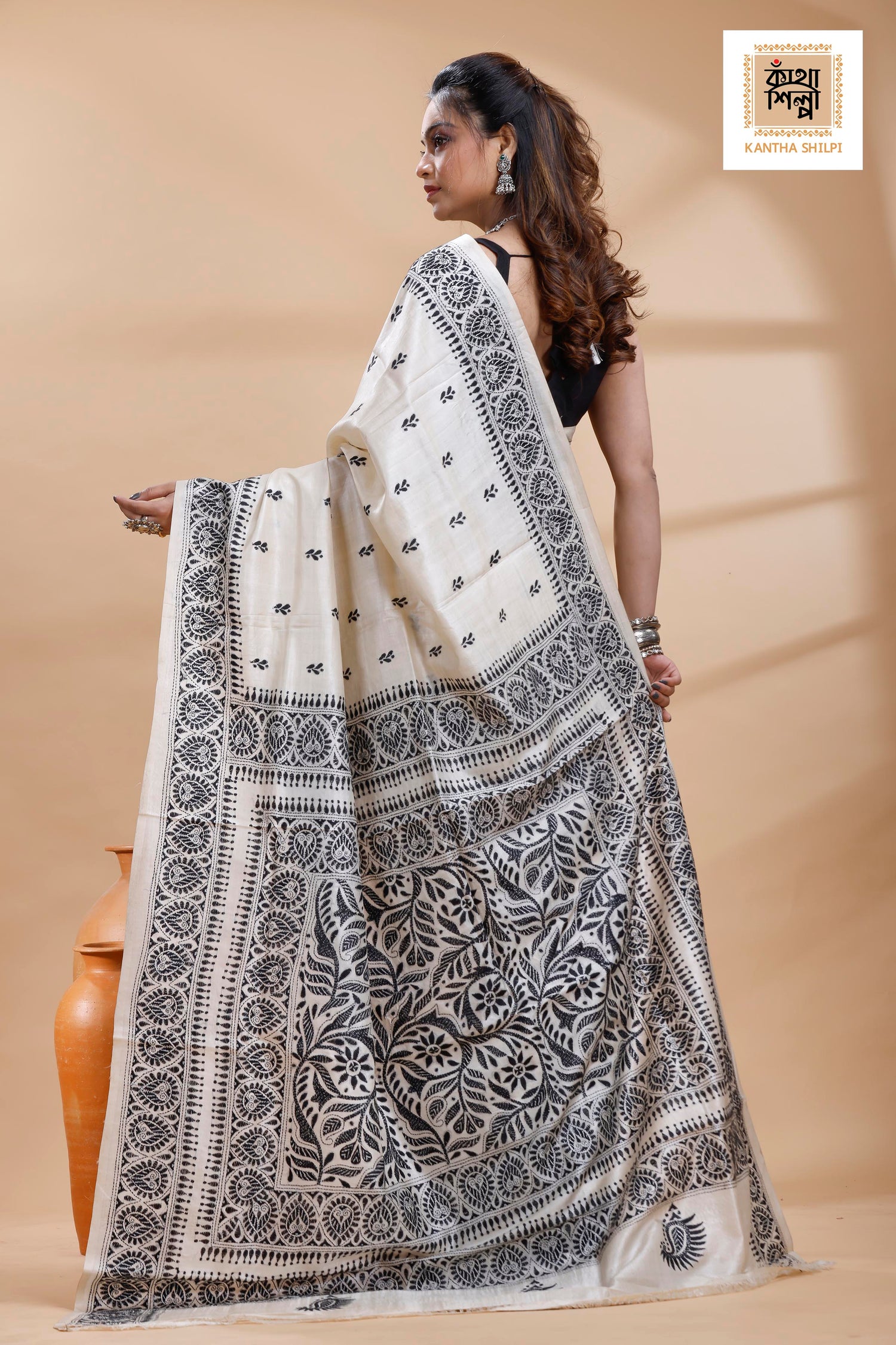 Pure Tussar Black Color Thread Work Traditional Motif Kantha Stitch Saree