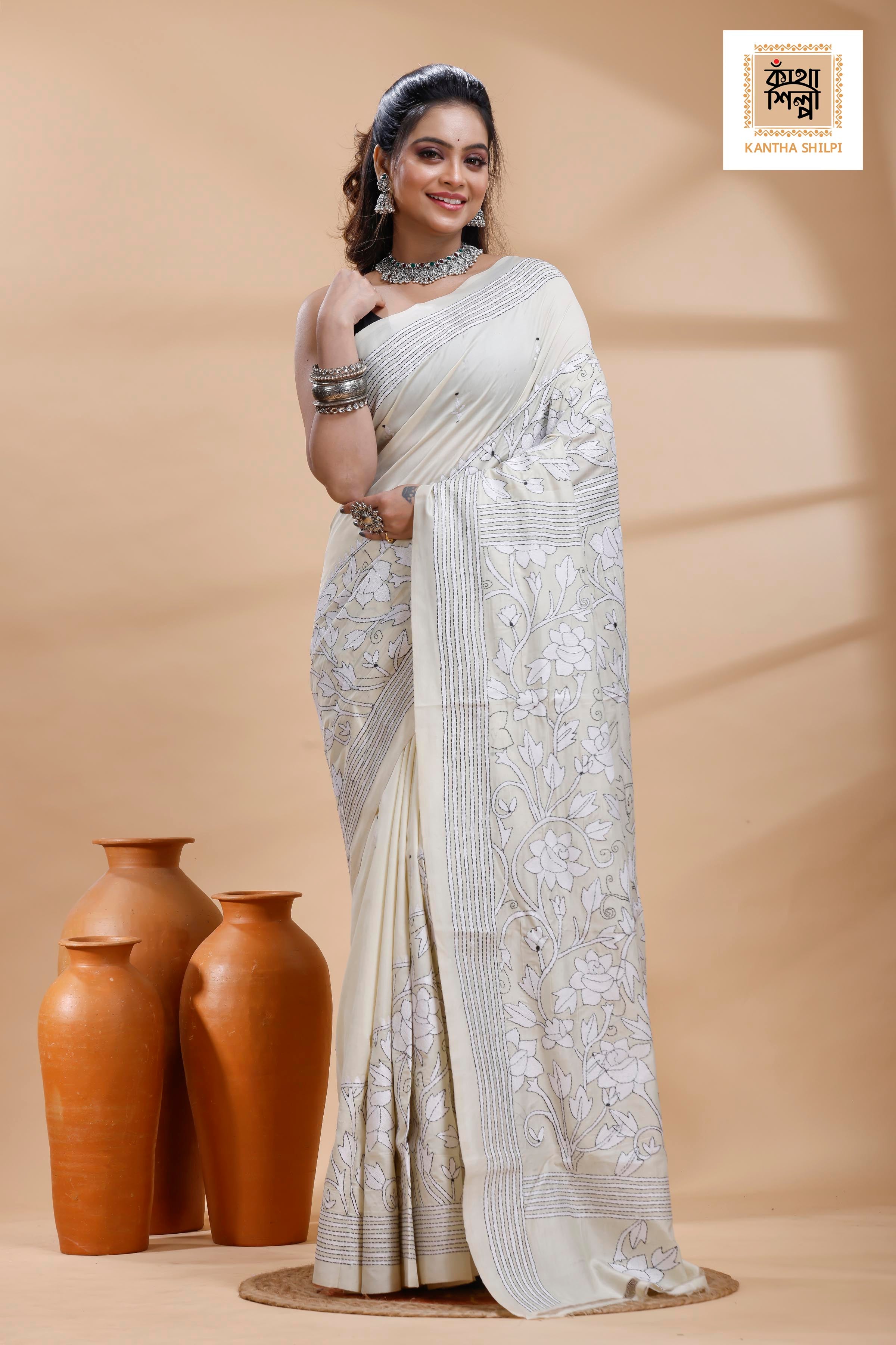 Tussar Black-White Color Thread Work Flower Motif Kantha Stitch Saree