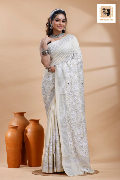 Tussar Black-White Color Thread Work Flower Motif Kantha Stitch Saree