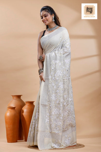 Tussar Black-White Color Thread Work Flower Motif Kantha Stitch Saree