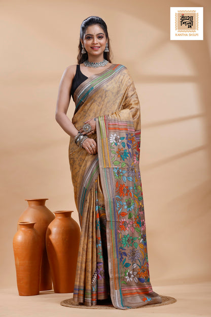 Beige Color Bangalore Silk Multicolor Thread Work Batik Kantha Stitch Saree