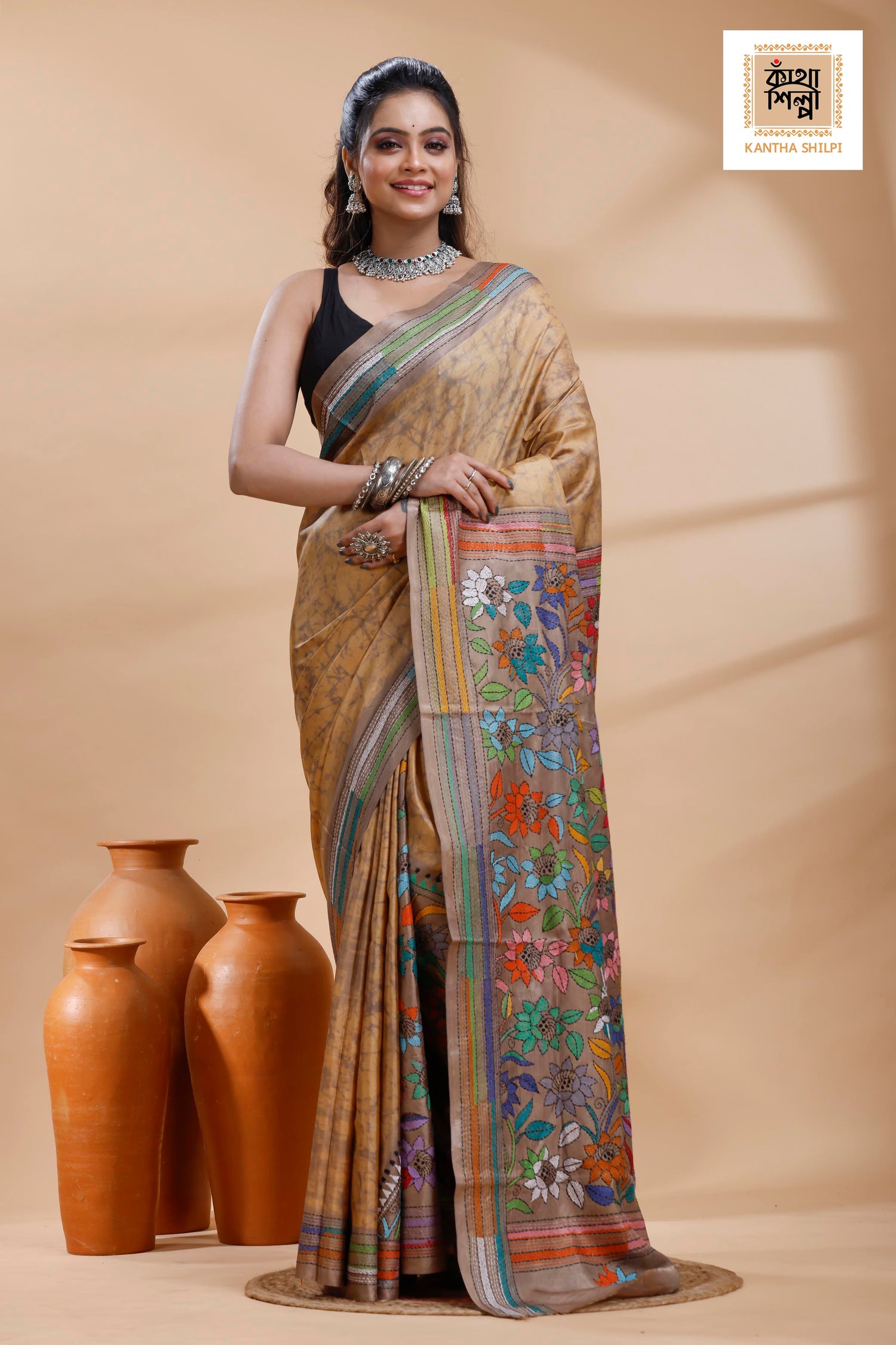 Beige Color Bangalore Silk Multicolor Thread Work Batik Kantha Stitch Saree