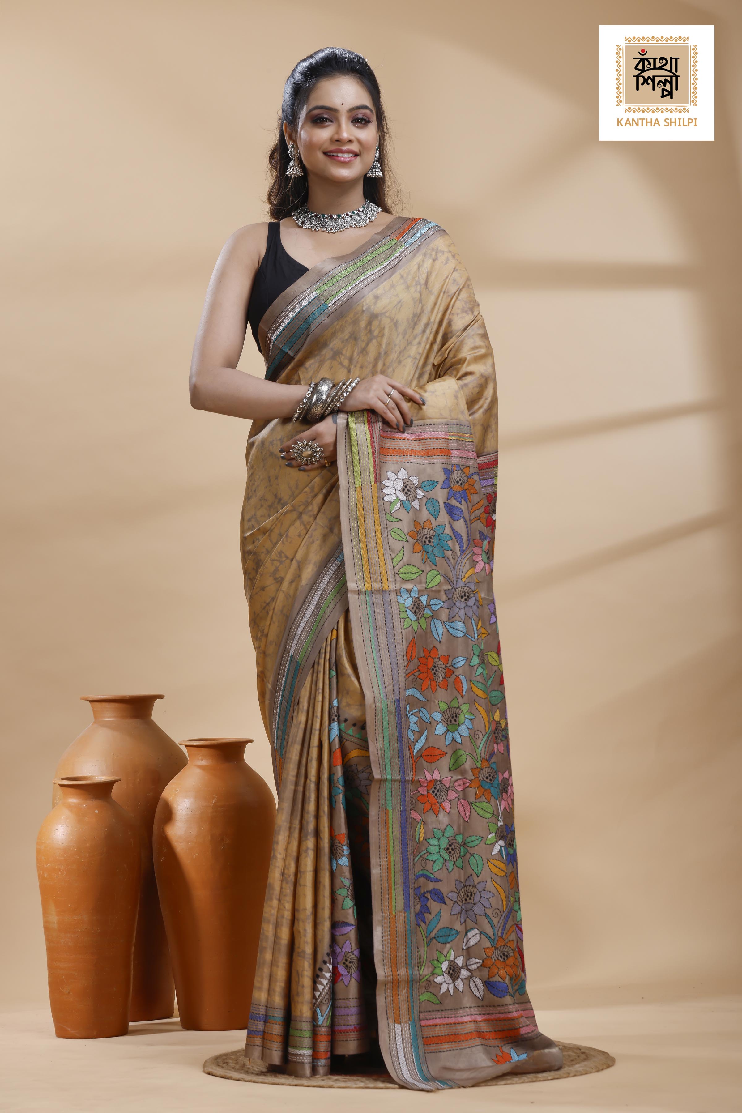 Beige Color Bangalore Silk Multicolor Thread Work Batik Kantha Stitch Saree