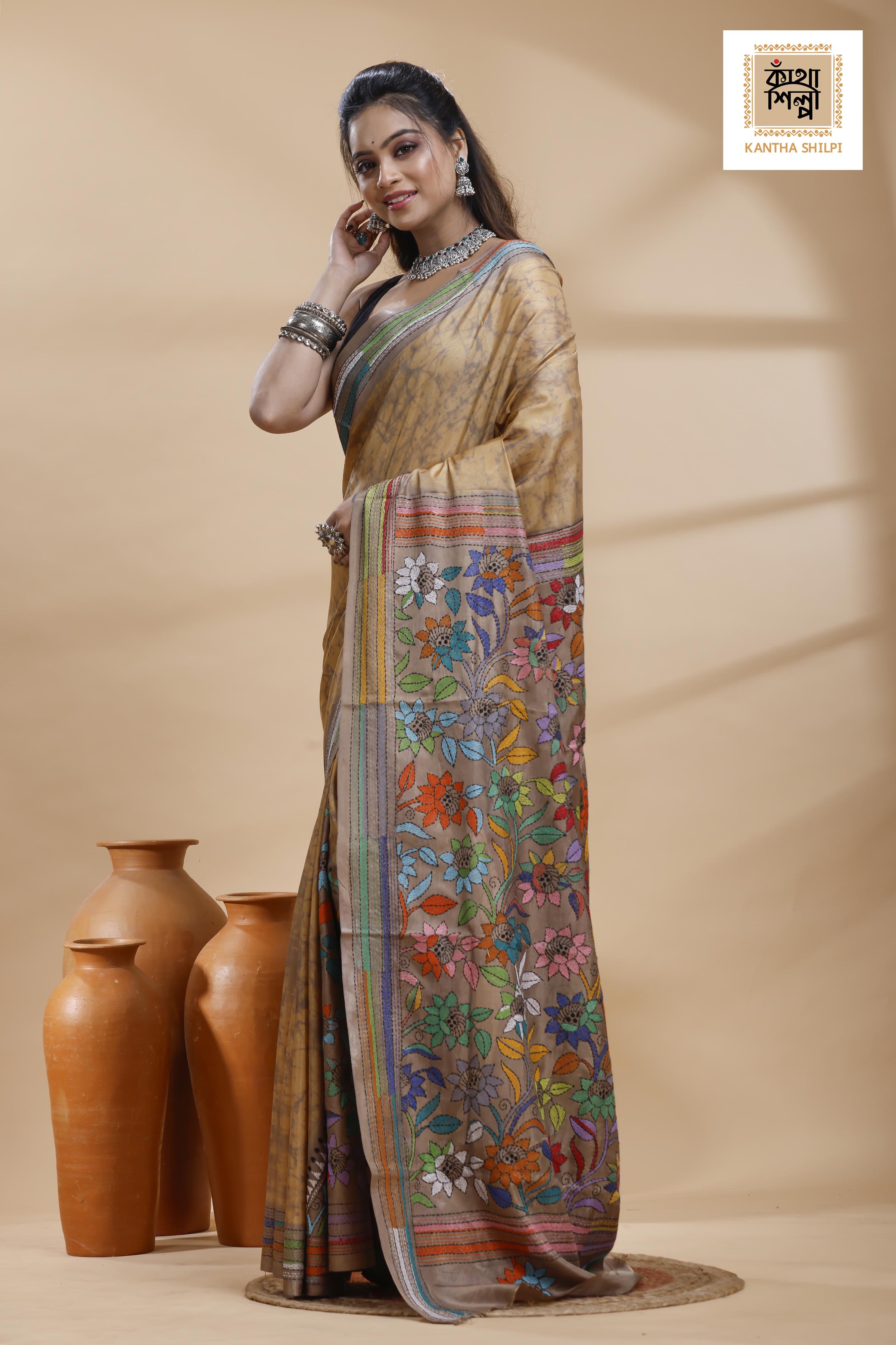 Beige Color Bangalore Silk Multicolor Thread Work Batik Kantha Stitch Saree