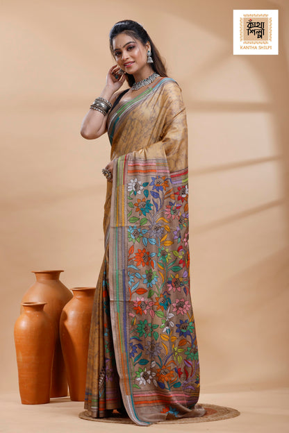 Beige Color Bangalore Silk Multicolor Thread Work Batik Kantha Stitch Saree