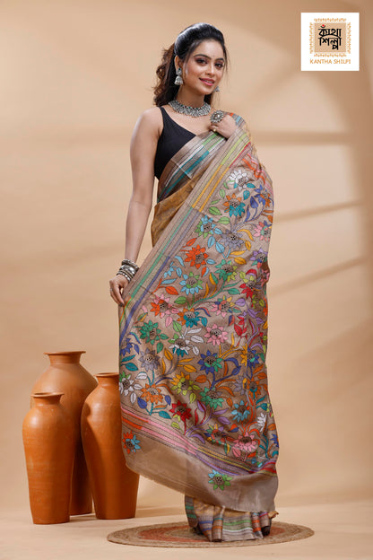 Beige Color Bangalore Silk Multicolor Thread Work Batik Kantha Stitch Saree
