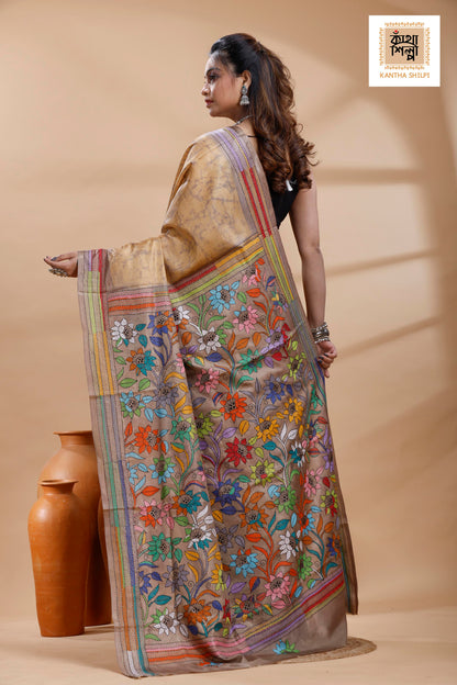 Beige Color Bangalore Silk Multicolor Thread Work Batik Kantha Stitch Saree
