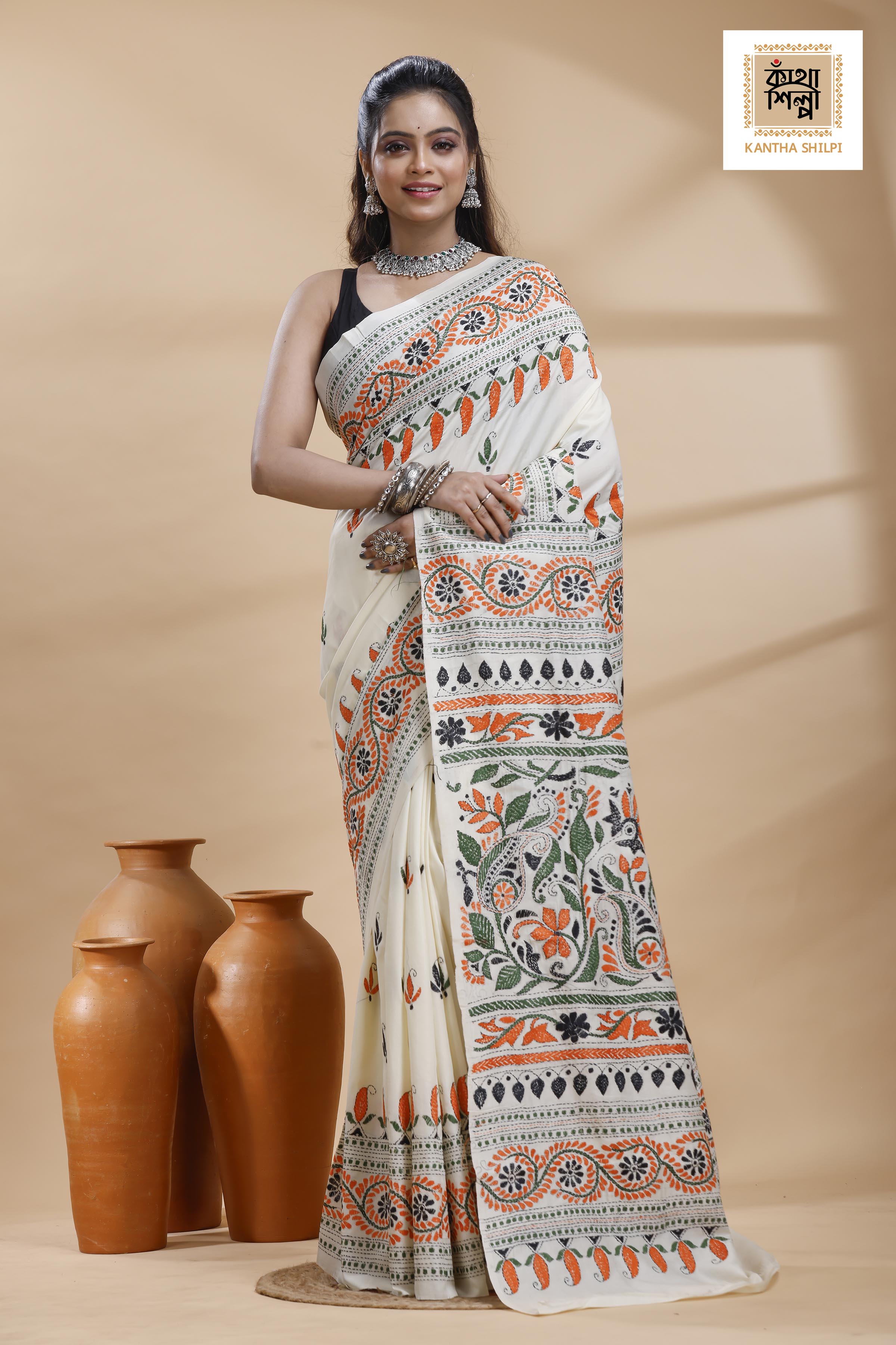 Tussar  Multicolor Thread Work Flower Motif Kantha Stitch Saree