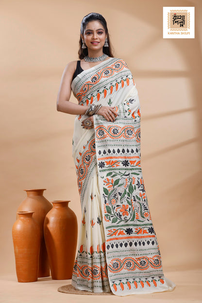 Tussar  Multicolor Thread Work Flower Motif Kantha Stitch Saree