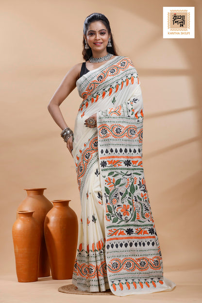 Tussar  Multicolor Thread Work Flower Motif Kantha Stitch Saree