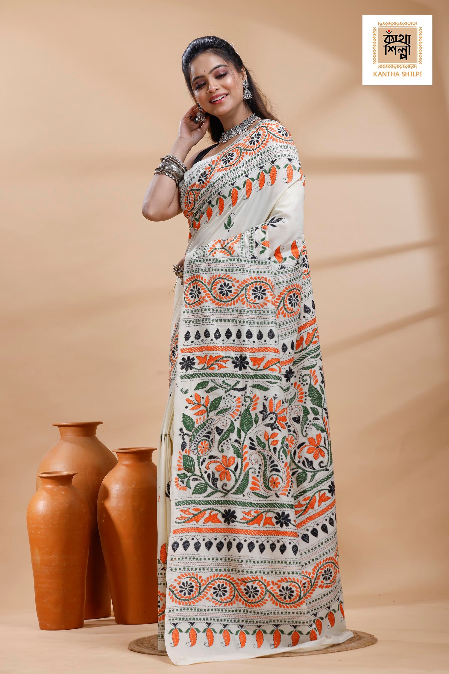 Tussar  Multicolor Thread Work Flower Motif Kantha Stitch Saree