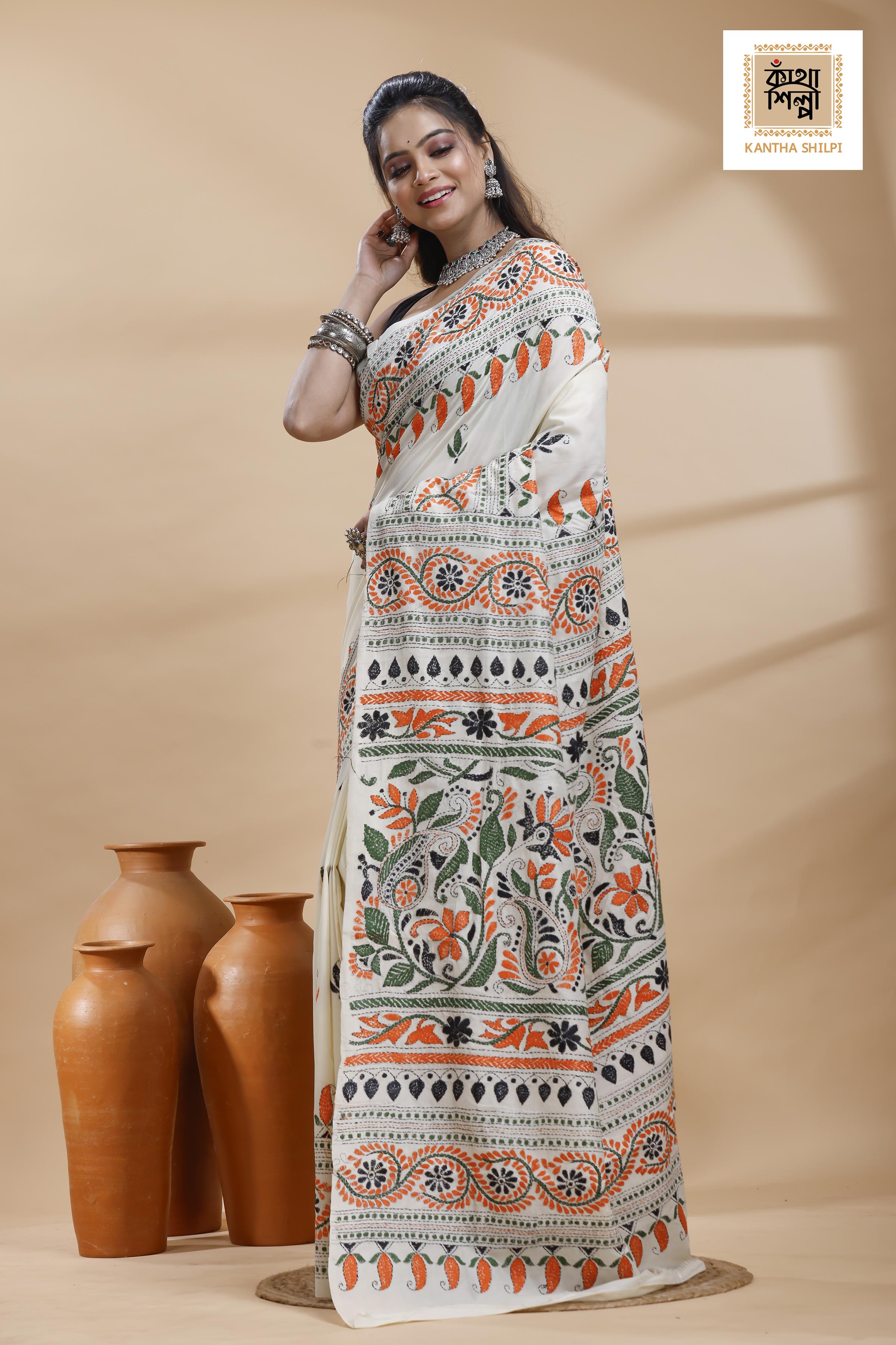 Tussar  Multicolor Thread Work Flower Motif Kantha Stitch Saree