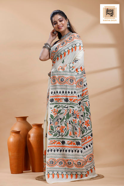 Tussar  Multicolor Thread Work Flower Motif Kantha Stitch Saree