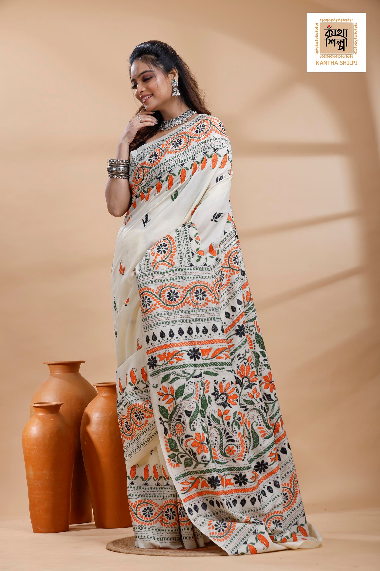 Tussar  Multicolor Thread Work Flower Motif Kantha Stitch Saree