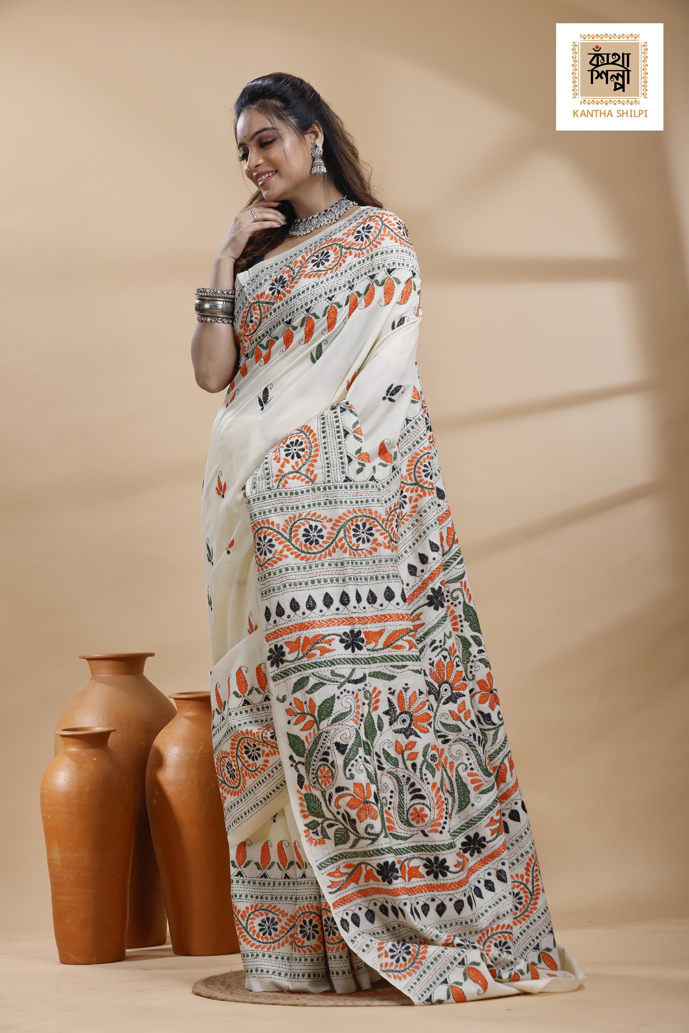 Tussar  Multicolor Thread Work Flower Motif Kantha Stitch Saree