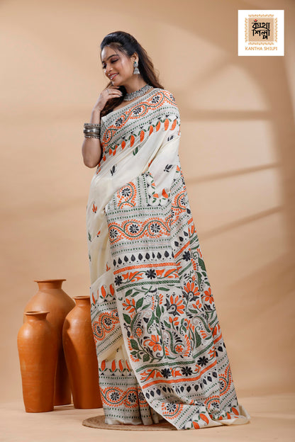 Tussar  Multicolor Thread Work Flower Motif Kantha Stitch Saree