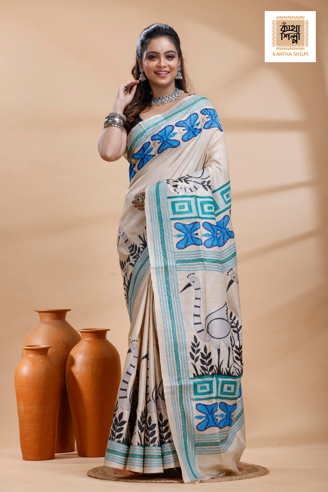 Pure Gachi Tussar Multicolor Thread Work Kantha Stitch Saree