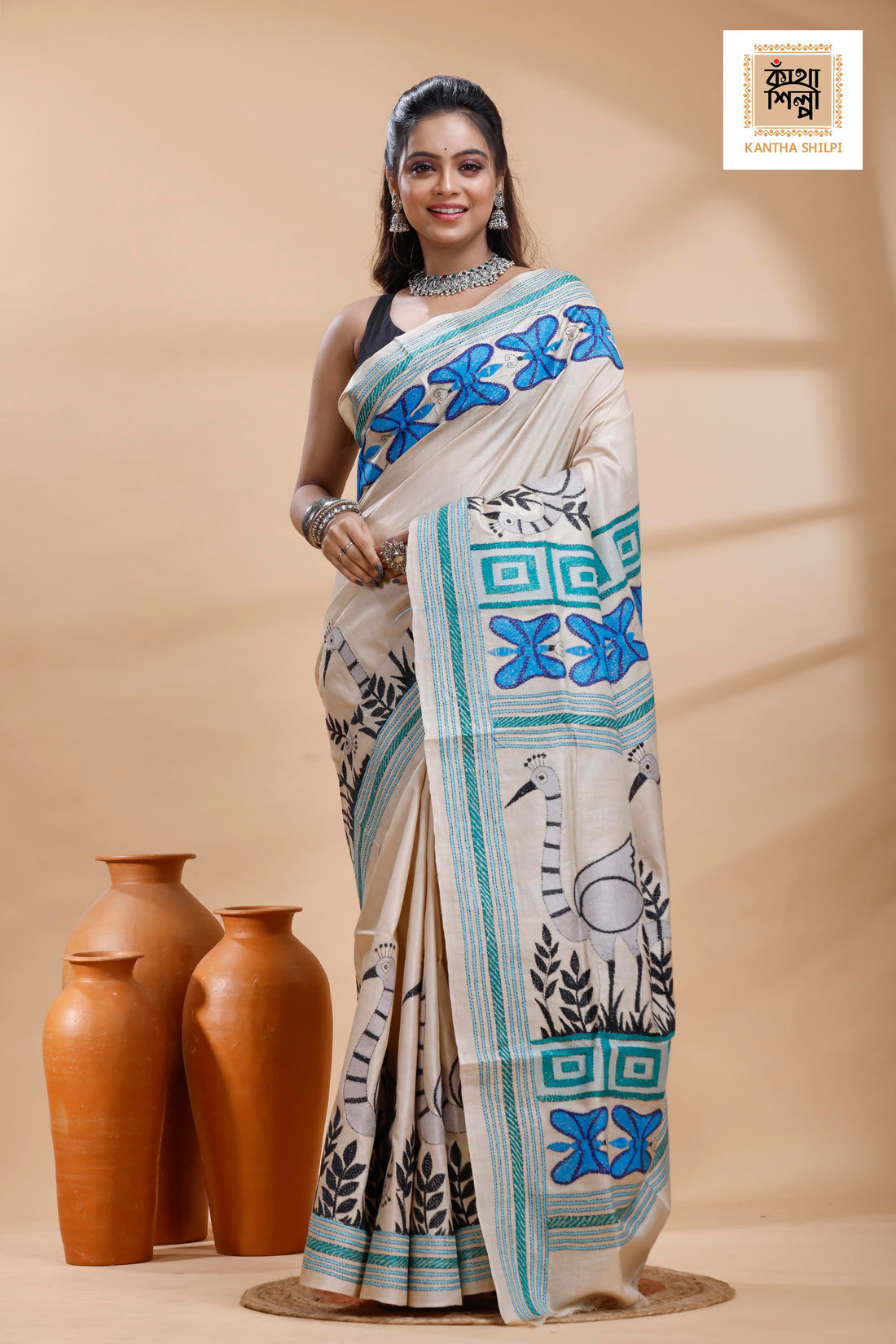 Pure Gachi Tussar Multicolor Thread Work Kantha Stitch Saree