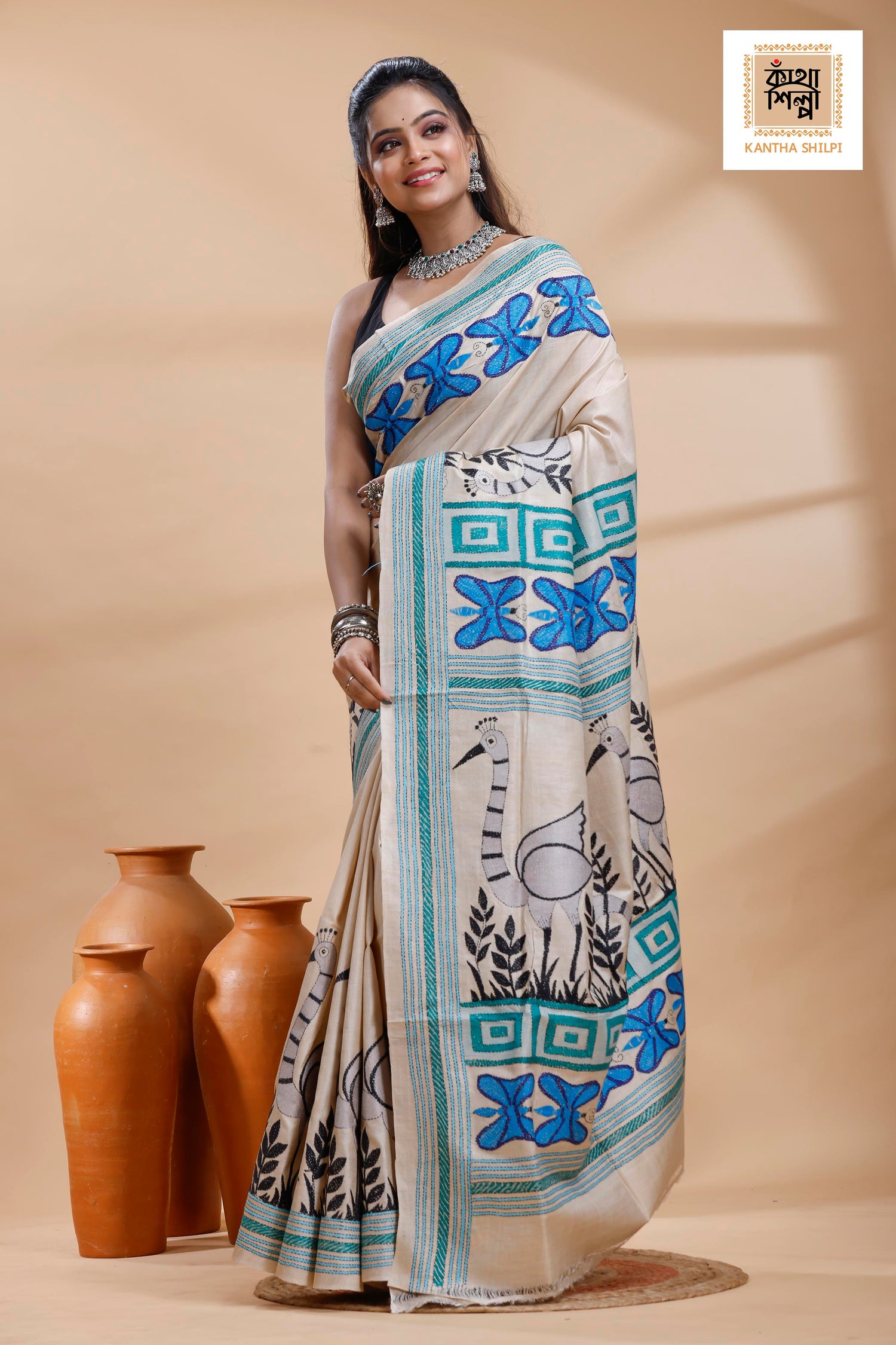 Pure Gachi Tussar Multicolor Thread Work Kantha Stitch Saree