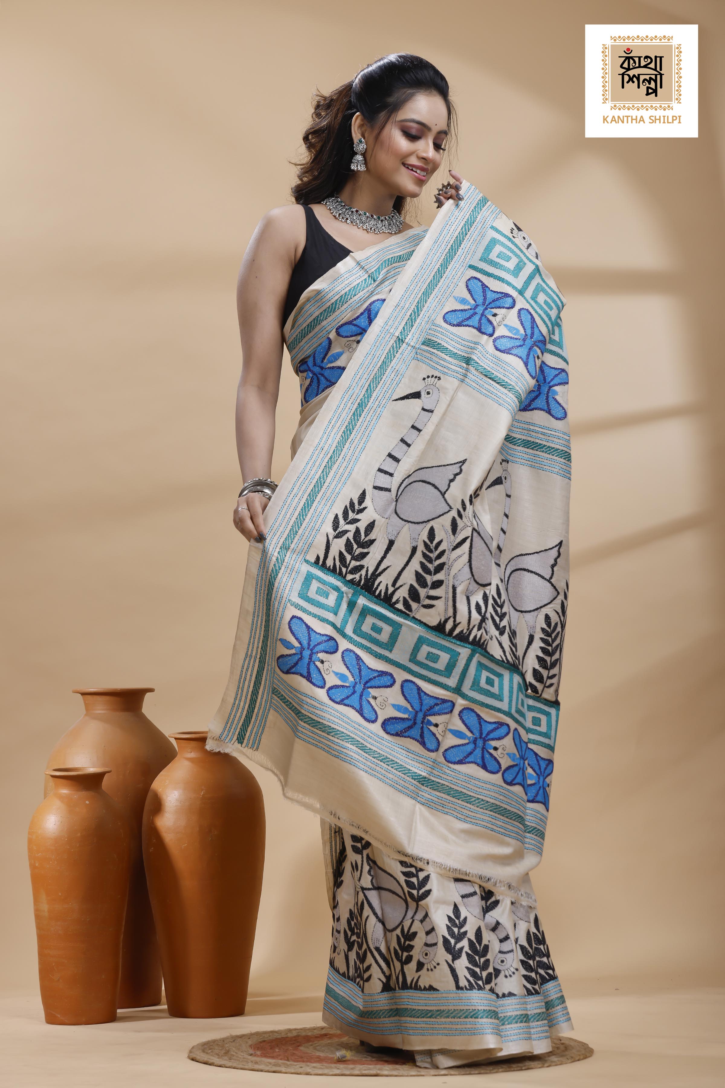 Pure Gachi Tussar Multicolor Thread Work Kantha Stitch Saree