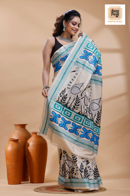 Pure Gachi Tussar Multicolor Thread Work Kantha Stitch Saree