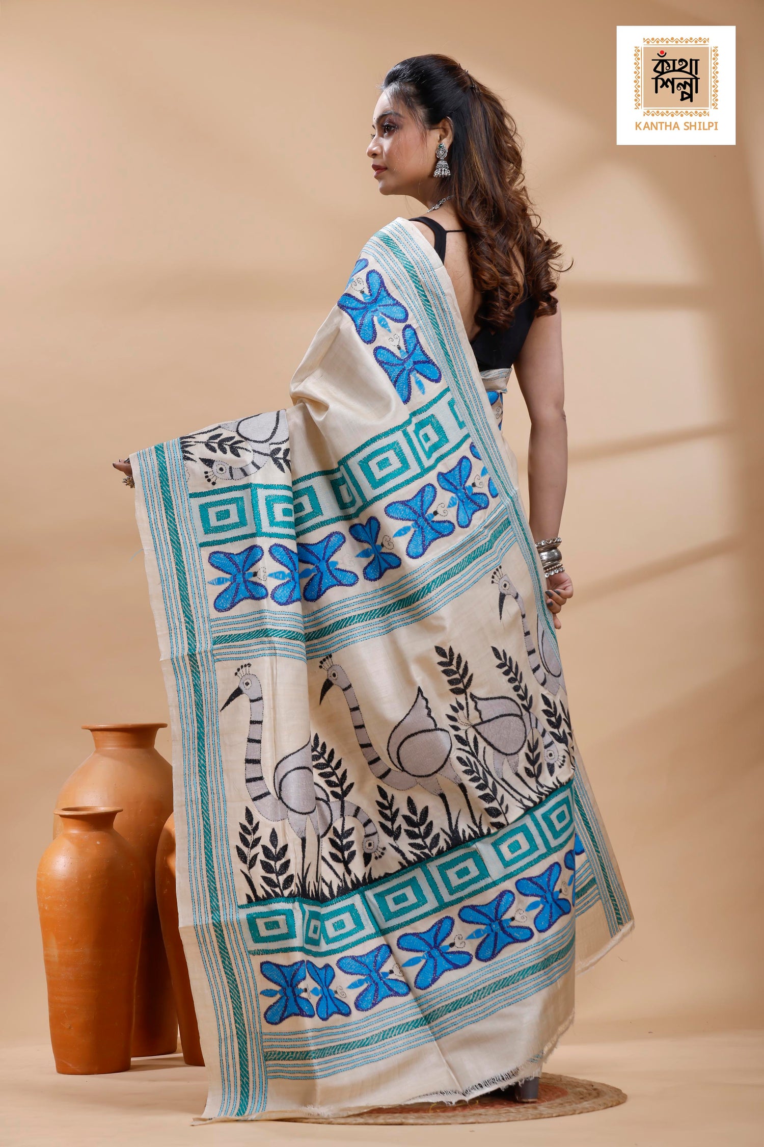 Pure Gachi Tussar Multicolor Thread Work Kantha Stitch Saree