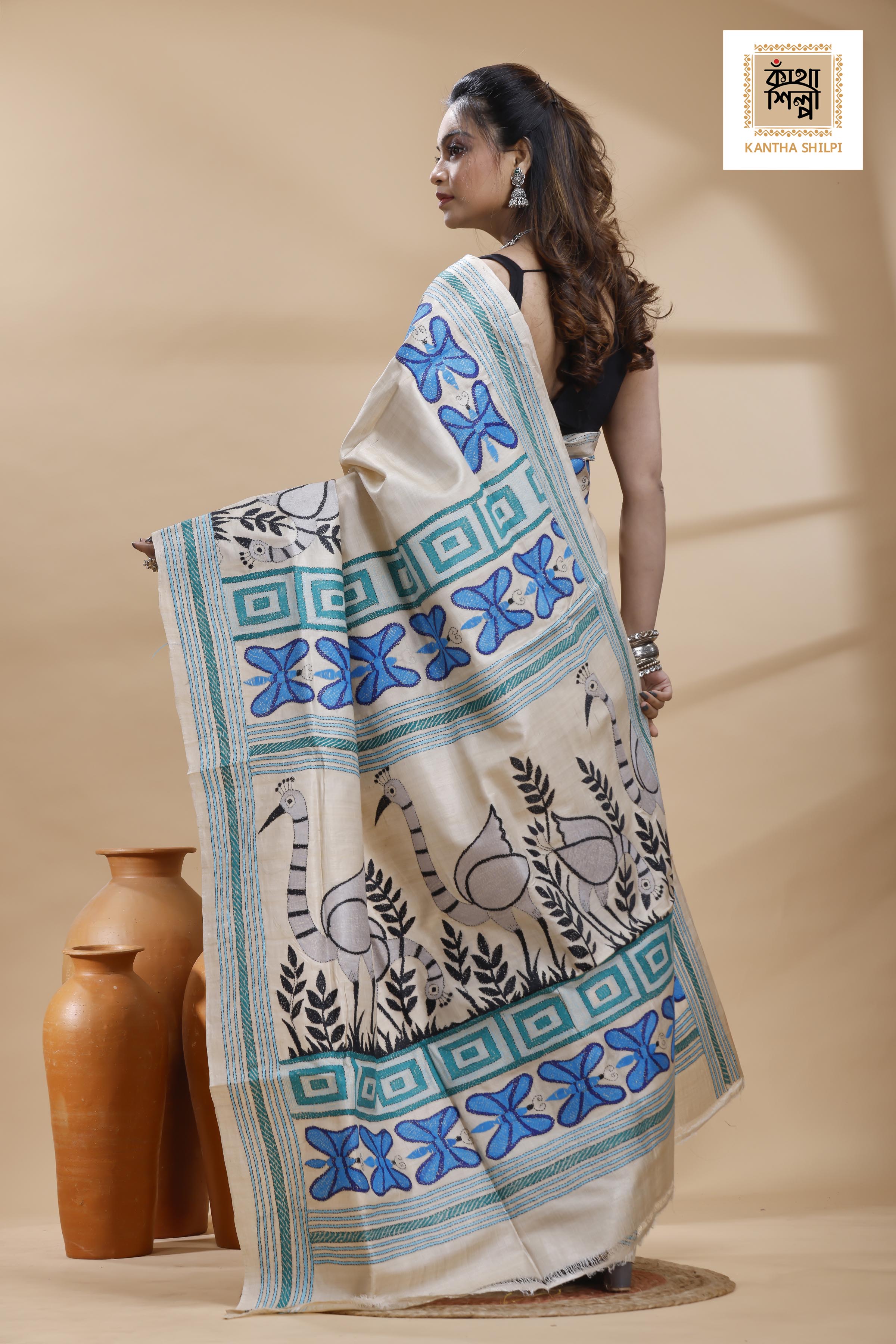 Pure Gachi Tussar Multicolor Thread Work Kantha Stitch Saree