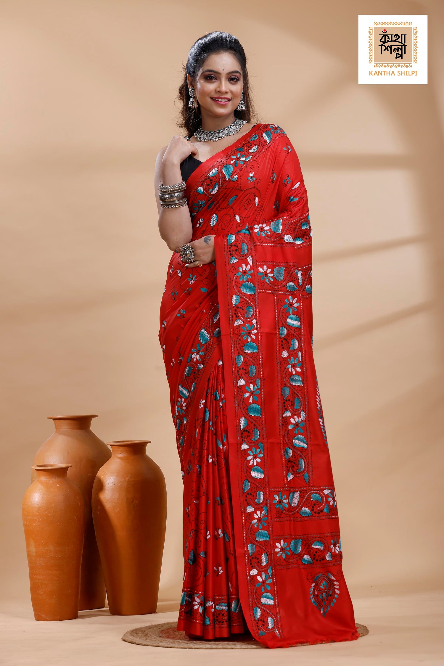 Red Color Bangalore Silk Multicolor Thread Work Kantha Stitch Saree