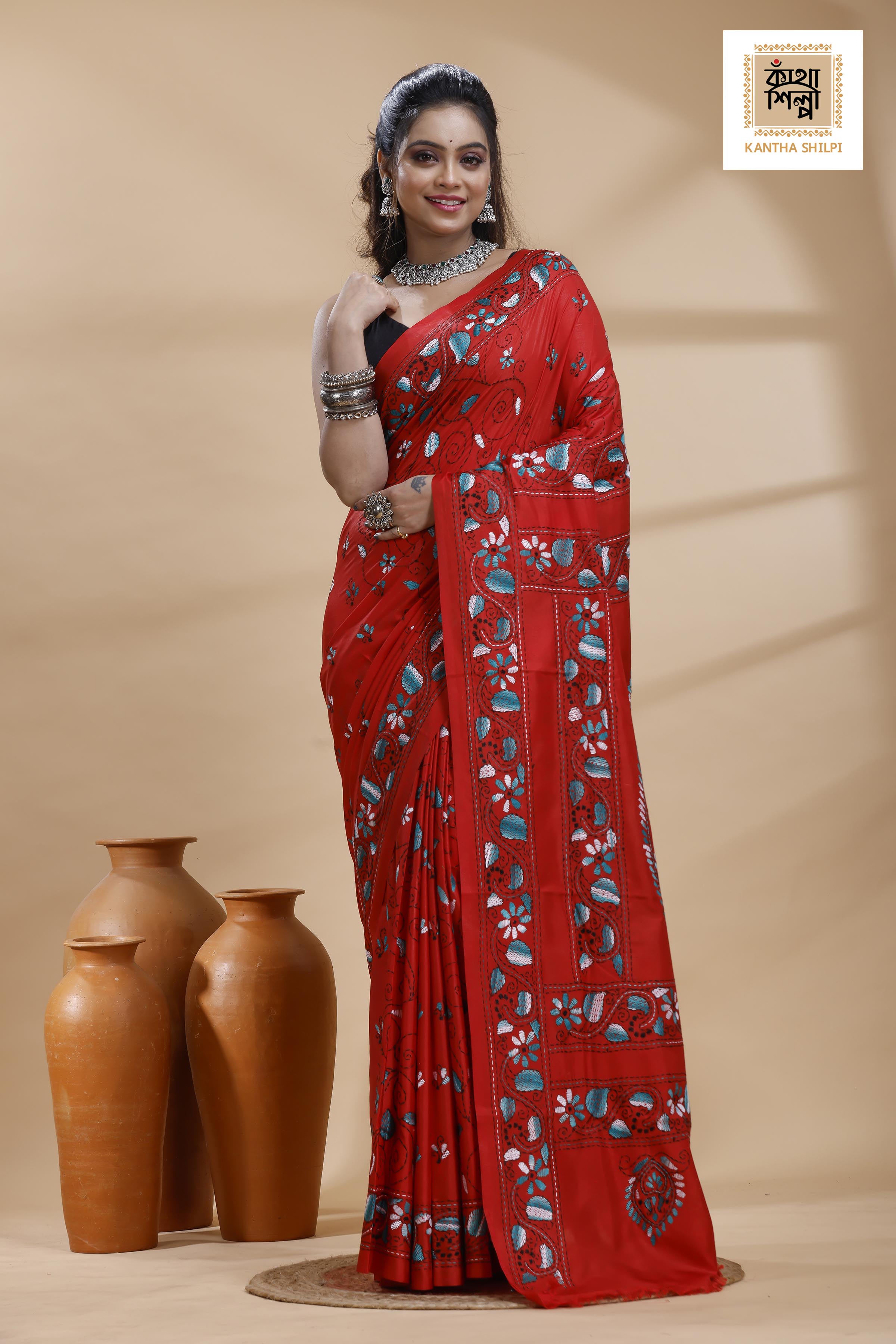Red Color Bangalore Silk Multicolor Thread Work Kantha Stitch Saree