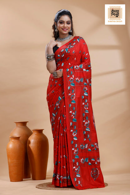 Red Color Bangalore Silk Multicolor Thread Work Kantha Stitch Saree